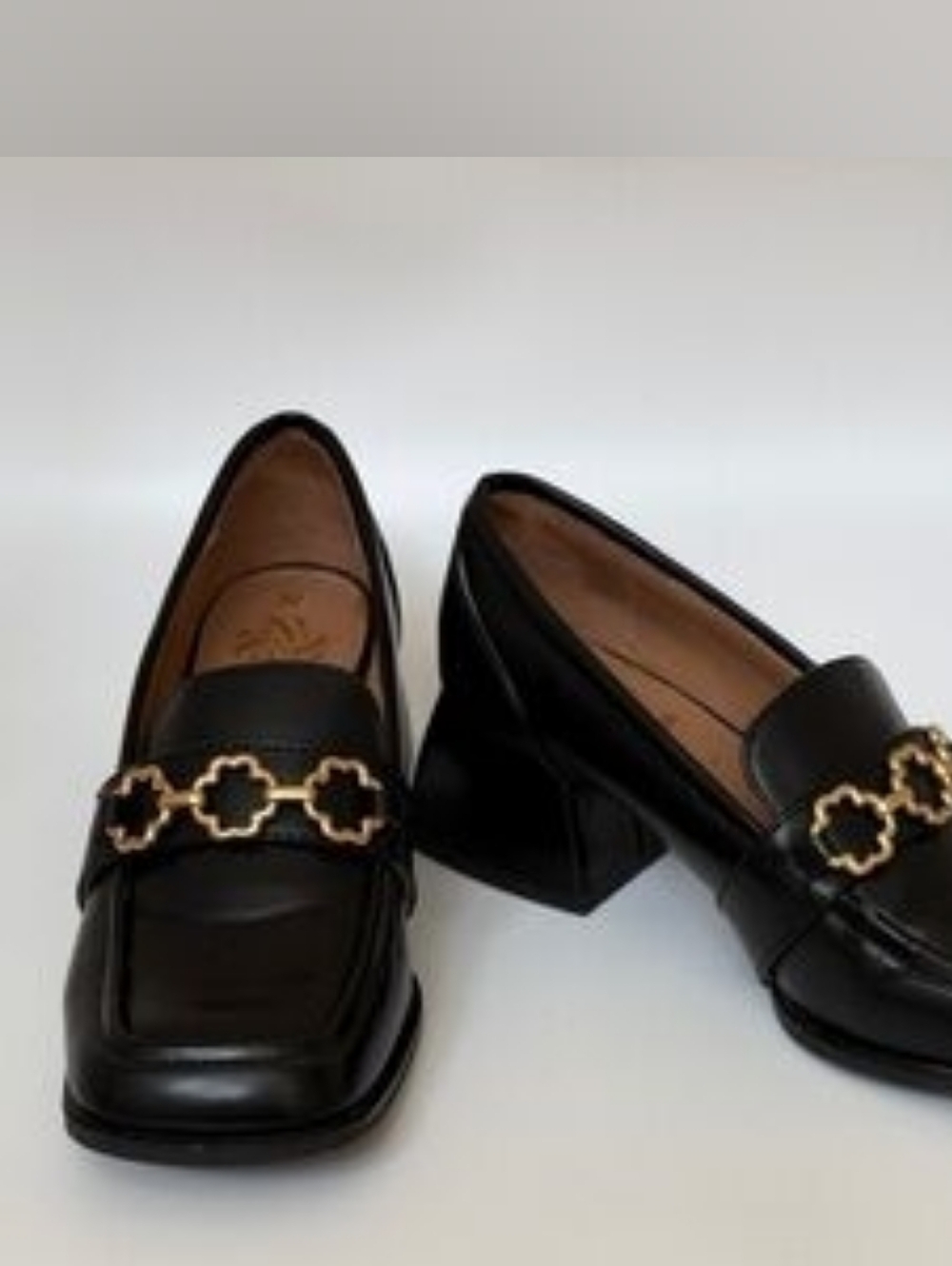 Sam & Libby Black Leather Block Heel Loafers with Gold Chain Detail